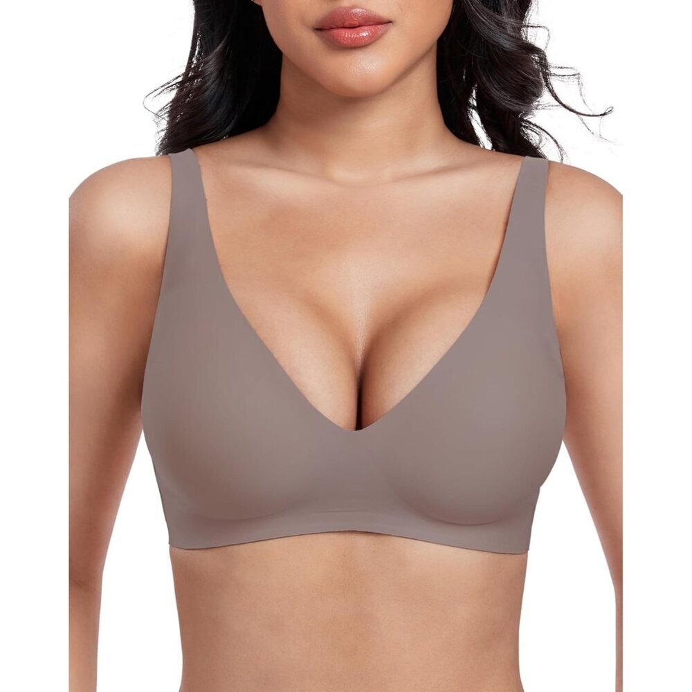 Women Brown Nylon Wireless Comfort Deep V Bra Bralette Adjustable No Underwire